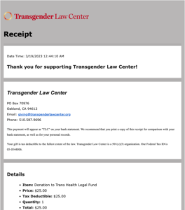 Screenshot of an email receipt from the Trans Health Legal Fund showing that $25 was donated