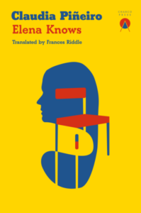 The cover is yellow with the profile of a woman in blue looking to the left. There's what looks like a chair over the profile - the seat and back of the chair are in red and then the legs are in blue and end up being part of the profile. The title, author's name and translator's name are the top left corner of the cover. 