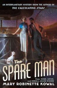 A woman and man are standing at a bar on a space ship with stars visible above them dressed in formal attire. The woman is more towards the center of the cover and is wearing a white dress with a blue shawl, and is using a cane. The man is to the right and wearing a suit while leaning on the bar looking at the woman. On the floor to the left of the woman is a small white dog.