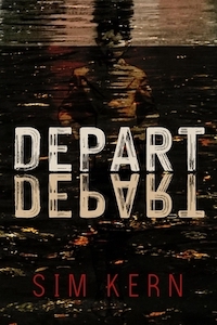 The cover is dark toned water ripples at the top. There's a vague figure of a person in the background mostly under the water. The word Depart is reflected upside down in the water making the two words of the title - Depart Depart. The author's name is at the bottom 
