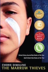 Book Cover with a blue background. There is an Indigenous young man on the cover with only half of his face visible. He has black hair and a white strip of paint on his cheek. The cover also has various round stickers of the awards the book has won: GG Books Winner, The Kircus Prize Winner, A Globe and Mail Best Book, The White Pine Award. 