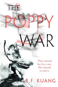 The book cover has a white background and there is a person sanding on a rock holding an armed bow ready to fire and carrying additional bows. Her outfit is blowing in the wind to the right. The title of the book is at the top and has smoke coming off the letters going to the right. In the bottom half of the book next to the figure is the text "They trained her for ward. She intends to end it" and then the author's name at the bottom. 