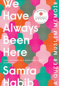 The cover has shapes that look like the heads and shoulders in multiple colors - light pink, dark pink, light green and dark green. The title is written out across the cover taking up most of it and then the authors name is at the bottom. There's a circle logo for the Canadian Reads that says it was the 2020 section for that award. 