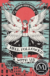 The cover has a blue background with black clouds. At the bottom of the page are the ruins of several buildings in red brick. In the middle of the cover there is the figure of a person with six wings with a red eye on each wing. The person has their head turned to the left with a scar on their cheek and bandages on their hands with blood dripping from their hands and chest. There is a chain around the figure in a circle and the title is written on a ribbon at the persons legs. 