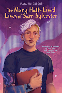 A young person shown on the cover with white/purple hair and wearing a black t-shirt with a logo of something that is covered up by the book they're holding in their right hand against their chest. Their right arm is covered with a tattoo of sky and a bird and tree. The background is purple and white with stars. The title is shown at the top of te cover. 