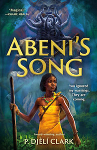 The bottom half of the cover has a young black girl wearing a yellow dress with red spiral patterns on it and a red and green beed neckless and bracelets holding a staff. There are rocks and trees behind her and above her is the title and behind the title is the figure of a man with a goat mask holding a flute and wearing a fur jacket. Behind the first man is another figure taller with horns. It has the effect of showing the different enemies the girl will have to face.