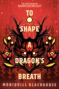 The cover is dark red with the face of a dragon in the middle with spikes of hair on top and along its nose. There are red flowers on either side of the dragon's head. The title is written out down the cover one word on each line with the author's name at the bottom.
