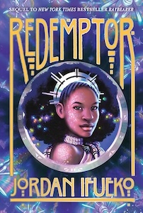 A head shot of a young woman is shown in the center of the cover wearing a head band that is silver and her hair spread out behind her. Her head is turned slightly to the right so that more her cheek is showing with dots of white paint lining her cheeks and a thick necklace. The rest of the cover is purple with different shapes around it. The title and authors name are at the top and bottom of the cover.