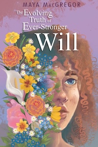 The pink/purple cover has the face of a person half covered with flowers of various types and colors. Their hair and one blue eye is visible along with their lips and cheek. The author's name and book title are written at the top of the cover. 