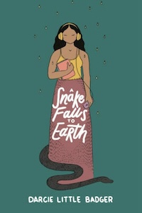 The green book cover has a drawing of a young brown-skinned woman with black hair wearing yellow headphones, a yellow tank top and long dark red skirt. She's holding a book in one had and a player of some sort in the other. At her feet is a black snake. The title of the book is in her skirt and the authors name is at the bottom.