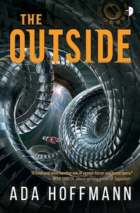 The cover is filled with black metal spirals that look like snake skin - squared areas with bolts. There is a character in a red spacesuit standing on one of the spirals. The book title is at the top of the cover and the authors name at the bottom. 