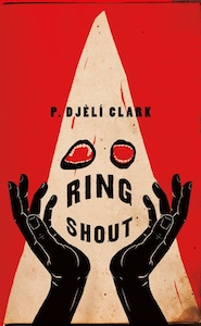 The cover of the book is read with a hooded KKK member in in the center the eye holes are ruined with teeth at the top and bottom. Black hands are held up in front of the figure. The authors name is near the top of the hood while the title is under the eye holes. 