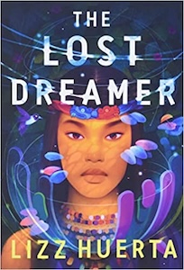 The cover has an image of a young woman with light brown skin and long black hair wearing a head band across her forehead in red and blue and a beaded necklace  with multiple rows of beads in several different colors. There is a hummingbird on the cover along with flowers and other mostly transparent shapes over the woman's chest. The title is written on the top and the author's name on the bottom.  