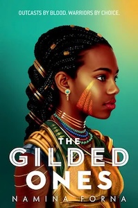 The cover is mostly green with yellow gold glow in the top right corner. There is a young dark skinned woman on the cover facing towards the right with log black hair tied in braids with several gold claps holding it. She is also wearing a short sleeved gold and green tunic and necklaces in various colors. She has gold designs on her cheek and a gold earring.  The title is near the bottom of the cover across the woman.
