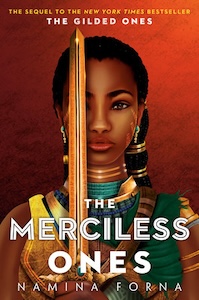 The cover is red. There is a young dark skinned woman on the cover facing forwards holding a sword up in the area with log black hair tied in braids with several gold claps holding it. She is also wearing a short sleeved gold and green tunic and necklaces in various colors. She has gold designs on her cheek and a gold earring.  The title is near the bottom of the cover across the woman.