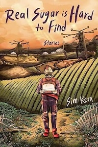 The cover is taken up by hills and fields with drones flying over head and a dark brown sky. There is a person standing in the front center of the cover holding a container with a cake inside and wearing a respirator mask. They're wearing brown clothing and red boots. The title is across the top and the authors name is near the bottom right corner. 