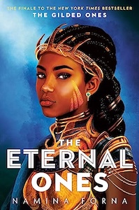 The cover is blue. There is a young dark skinned woman on the cover facing towards the left with her head facing forwards. She has log black hair tied in braids with several gold claps holding it. She is also wearing a short sleeved gold and green tunic and necklaces in various colors. She has gold designs on her cheek and a gold earring.  The title is near the bottom of the cover across the woman.