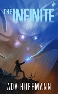 The cover is mostly blue and orange and has the figure of a person in dark clothing standing on a ledge pointing at a tentacle that is reaching out - there is light between them. Above is the body or head of a creature with serial eyes and more tentacles around the head. 