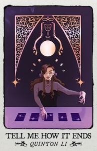 The book cover is a drawing of a person sitting behind a table with a set of 5 tarot cards that are face up on the table. Everything is various shades of purple. 