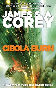 The book cover has a green background with a large ship taking up much of the cover from top to bottom it appears to be hitting the atmosphere of a planet with dust clouds coming from the bottom. There is a smaller round ship or shuttle to the bottom left that has sparks coming from the back end of it. The top half of the book has the author's name with the title below. 