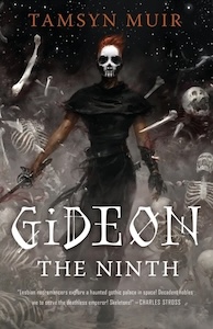 Gideon the Ninth book cover showing a person standing holding a sword in one hand wearing all black with red hair and face painted as a skull. They are surrounded by parts of many different skeletons on a black background. The Title of the book is at the bottom with the author's name on top. 