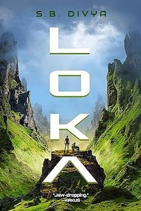 The cover shows a person and a small machine that looks somewhat like a dog in a valley between cliff sides with large patches of green up the sides. The two figures are in the distance standing on a rock looking upwards at the blue sky visible outside of the valley.  The book title is written from top to bottom one letter at a time and the author's name is at the very top.