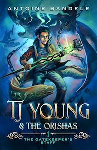 A dark skinned teenager is floating in the ocean surrounded by sharks and eels holding a glowing staff. He's wearing a reddish hoody and jeans and there are chines on either side of him. The Title of the books is across the bottom half of the cover with the authors name at the top. 