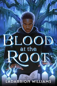 A young Black teen is standing in front of a tree with many branches and hangling leaves at night. THere's a white light shining behind the tree and everything looks blue. The teen is wearing a black hoody or robe standing in front of line of lit candles with blue light with a book an open book in between them and his hands out over the candle flames which are also blue. The title of the book is over the teen's chest. 