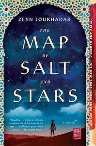 A person stands in the desert looking up at the night sky which is full of stars. The author's name is at the top of cover with the title of the book underneath. The top and sides of the cover are beige with geometric shapes in various shades of blue all along the cover. 