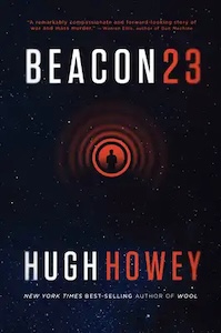 The background of the cover is the vastness of space with many stars showing in the distance. In the center of the cover is a red circle possibly a view port with the figure of a person looking outwards. The book title is at the top with the authors name at the bottom. 