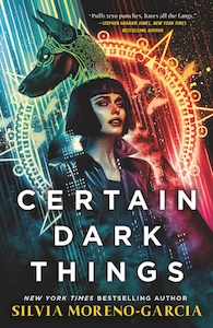 There is a large circle with triangles and other shapes around the circumference of the circle. In front of the circle is a the head of a dog facing left and a woman standing turned slightly to the right. She is wearing a black jacket with a high color. The title is over the bottom half of the cover and then the author's name is at the bottom. 