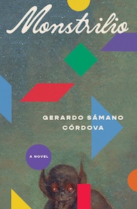 The background of the cover is textured gray/green and there are several shapes around the cover, triangles, squares and circles. At the bottom middle is the head and chest of creature with pointed ears larger than its head and red eyes. The title of the book is at the top with the author's name in the middle. 