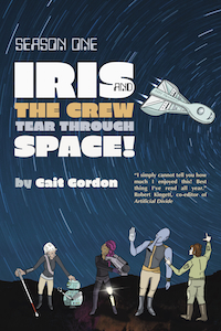 The cover has a group of four individuals standing on a rocky surface under a field of spinning stars that are circling above them. There's a spaceship in the upper right area. The four individuals include a person using a cane for the blind with a small robot at their feet they have their hand on the bot. Next is a person holding a large gun with at least one prosthetic leg visible. Next is a blue alien with a large trunk and he has his hand raised as if he's waving. Last is another individual with his hand on the alien character pointing up towards the ship. 