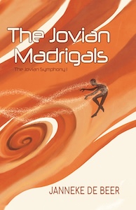 The cover is taken up entirely by the orange and white swirls of Jupiter's surface. There is a figure of a person floating towards the right side of the cover facing sideways with their arms and legs extended towards the left. There are streams of yellow dots flowing around the figure and extending all the way to the left of the page. The title is near the top of the cover with the author's name at the bottom.