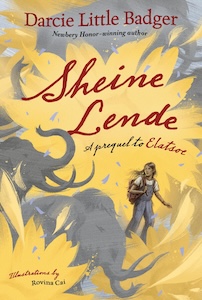 The cover is filled with yellow sunflower petals with a herd of gray mammoths interspaced within the petals. Two are mostly visible near the bottom left of the cover and more at the top right corner. There's a teenager at the bottom right of the cover wearing a white shirt and blue overhauls and carrying a brown backpack. She's walking towards the right. While looking behind her where the mammoths are in the picture. The authors name is at the top of the book with the title below it. 