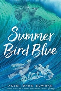 The background of the book cover has the appearance of a painted blue and green wave of water curling up from the bottom towards the top of the cover with the. There are two drawn images of birds at the top of bottom of the cover with the bottom one sitting on a flower. The title is written in the center of the cover with the author's name at the bottom.