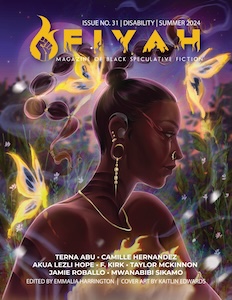 A black person is depicted on the cover looking down and to the right. She as wearing her hair tied up tightly in two braids on top of her head flowing in the air and earrings as well as a hearing aid in her ears and a necklace. Behind her ar various plants and flying butterflies in bright yellow.  