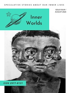 Magazine cover depicts a black and white image of a dark skinned person with three faces with a second set of eyes under each pair of eyes. the faces are looking left, right and center. Above the person is the magazine logo with a green/blue background which is a planet with rings and a star in the corner and Inner Worlds on the other corner. At the very top of the cover it says Speculative Stories about our Inner Lives and then below on the right side is Issue Four/ August 2024