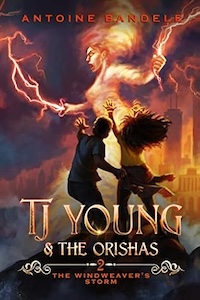 There is a large figure standing sideways facing the left in the background of the cover made of white light and has lightning coming out of their hands. Two younger figures are in front of that person facing them with their hands starched up and out as if they're warding them off. Some city buildings are in the background on the right side of the cover and the cover is mostly red and brown.