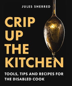 Crip up the Kitchen Book Cover - the cover is black with a spoon that takes up most of the upper right side of the cover. There is some sort of thick liquid on the spoon dripping off of it. The title of the book takes up most of the rest of the cover in yellow with the subtitle in white at the bottom. The author's name is at the top.