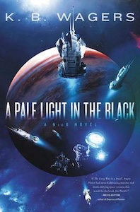 A Pale Light in the Black book cover. The background is black with streaks of blue and red and in the center is a large image of Jupiter. In front of the planet are several ships flying away from it above and to the sides. Near the bottom of the cover is a station where the ships are leaving from. The title of the book is across the center of the cover and the authors name at the top.