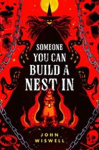 Book cover is almost entirely red and black with a person standing near the bottom center holing a lantern. They are surrounded by red tentacles directly behind them and then above them stands a black grinning figure with more tentacles and a long black wig and witch's hat There are multiple other shapes around the cover books and hearts and spices and skulls.