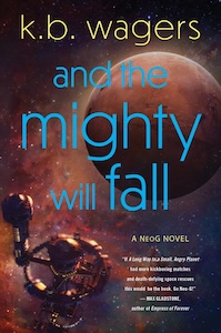 The cover of And the Mighty Will Fall depicts Mars in the upper right corner with a space station at the bottom left corner. The station has a central sphere with a ring around it and lower section that is visible. From the ring there is a tower on one side with another sphere at the top. The space around Mars and the space station is filled with stars and red gas. The author's name is at the top with the title written on each line down the center of the cover.