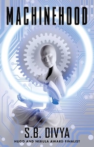 The background of the cover for Machinehood is a computer circuit board that is white and pale blue above that are two round gear shapes one inside the other and then a white band of light in a circle. In the center of all of that is a white robot or android body from mostly the chest up with its head turned towards the center. The title is at the top with the author's name at the bottom. 