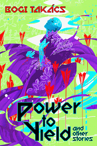 The cover for Power to Yield is a drawing of a blue skinned person who is wrapped in layers of a purple cloth so that only their head and arms are visible. The cloth is floating around in the air around them like wings to either side and below. There are read flowers drawn all over the cover and the background is pale green with streaks of white and blue. The author's name is at the top with the title at the bottom. 