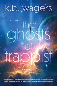 The bottom half of the cover is taken up by nebula clouds that are dark near the bottom with stars shining through and then yellow and red at the top. Above and to the right is a planet and in the left corner is a belt of asteroids. There is a ship flying up from the bottom and is in the middle of the cover where the title is written behind it. The name of the author is at the top of the cover.