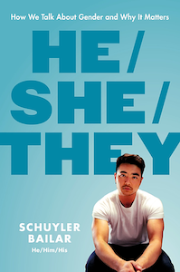 The book cover is blue and is mostly taken up by the title of the book which is written in large font one word at a time on each line. Schuyler, a brown skinned Korean man with short black hair and a mustache wearing a white shirt and black pants  is sitting with his arms on his knees with his hands clasped in front of him.