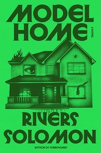 The cover is sold green with the black drawing of a two story house with a front porch and triangle rooftops. There is an eyeball in place of one of the windows and a flames at the top left corner of the house. There appears to be a snake crawling out of the first floor window up towards the second floor. A spider is hanging from the top right roof. The title is at the top of the cover and the authors name at the bottom.